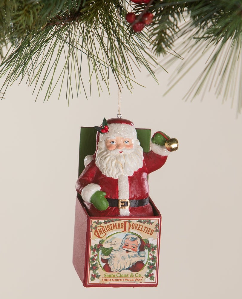 Santa in the Box Ornament, vintage style Christmas ornaments