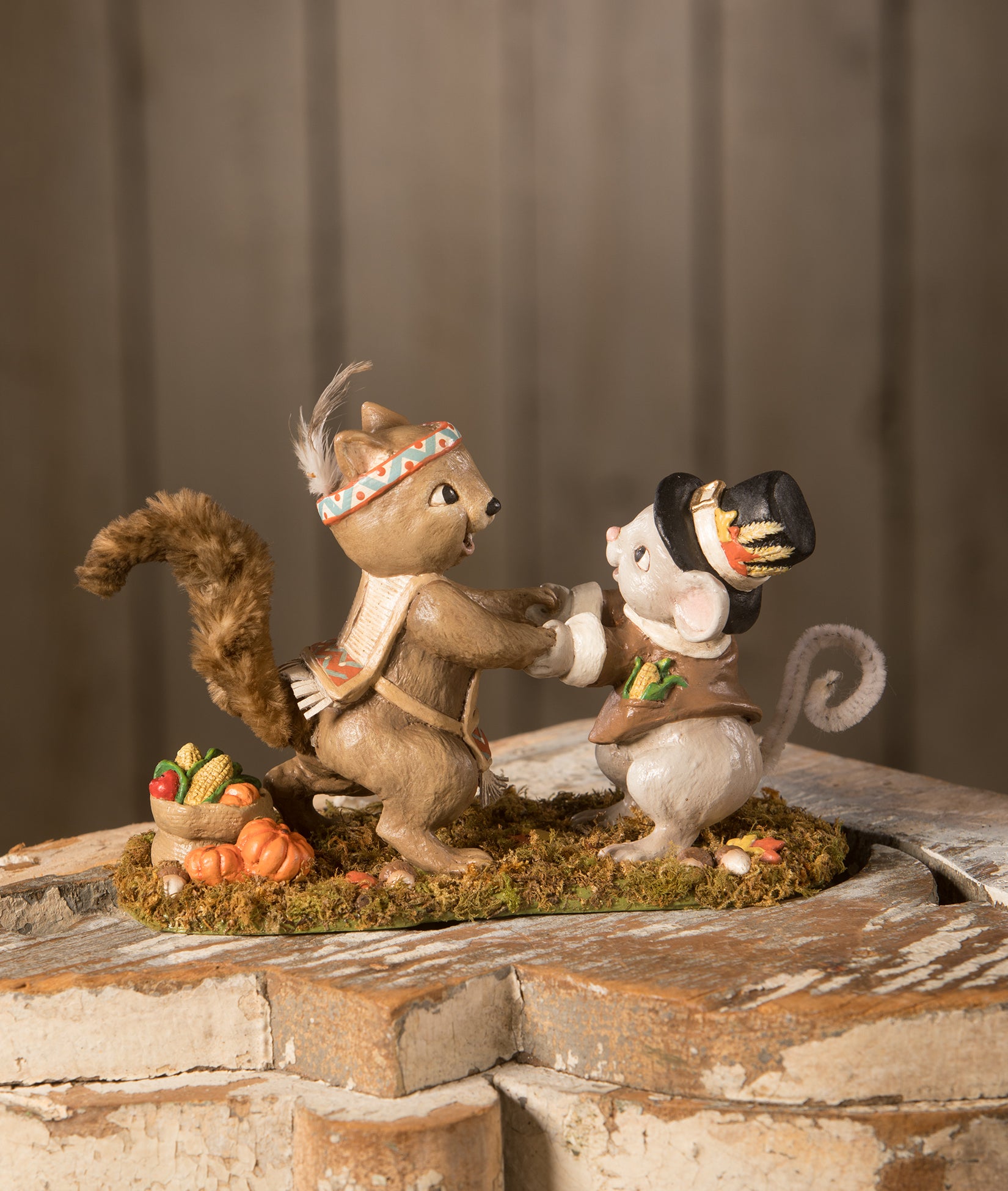A Thankful Celebration Squirrel & Mouse Dressed Up as Pilgrim & Native American celebrate Thanksgiving Figurine
