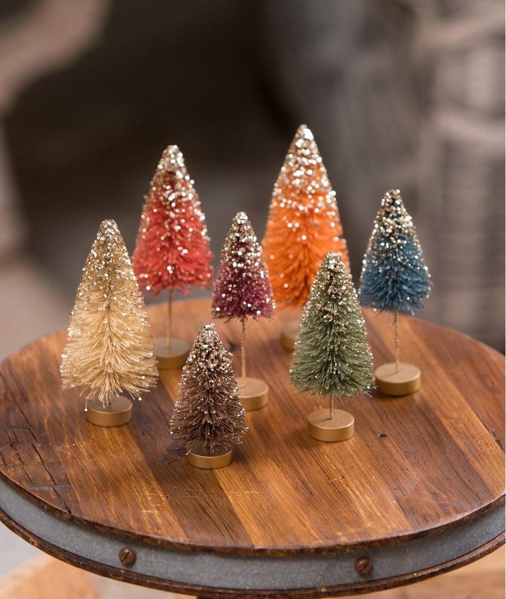 Mini Fall Bottle Brush Trees in blue, orange, green, rust, cream, and brown - with gold glitter