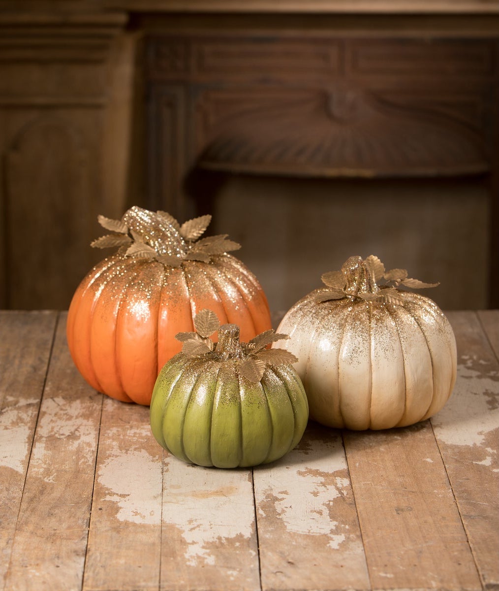 Bethany Lowe green, white, and orange pumpkins with gold glitter