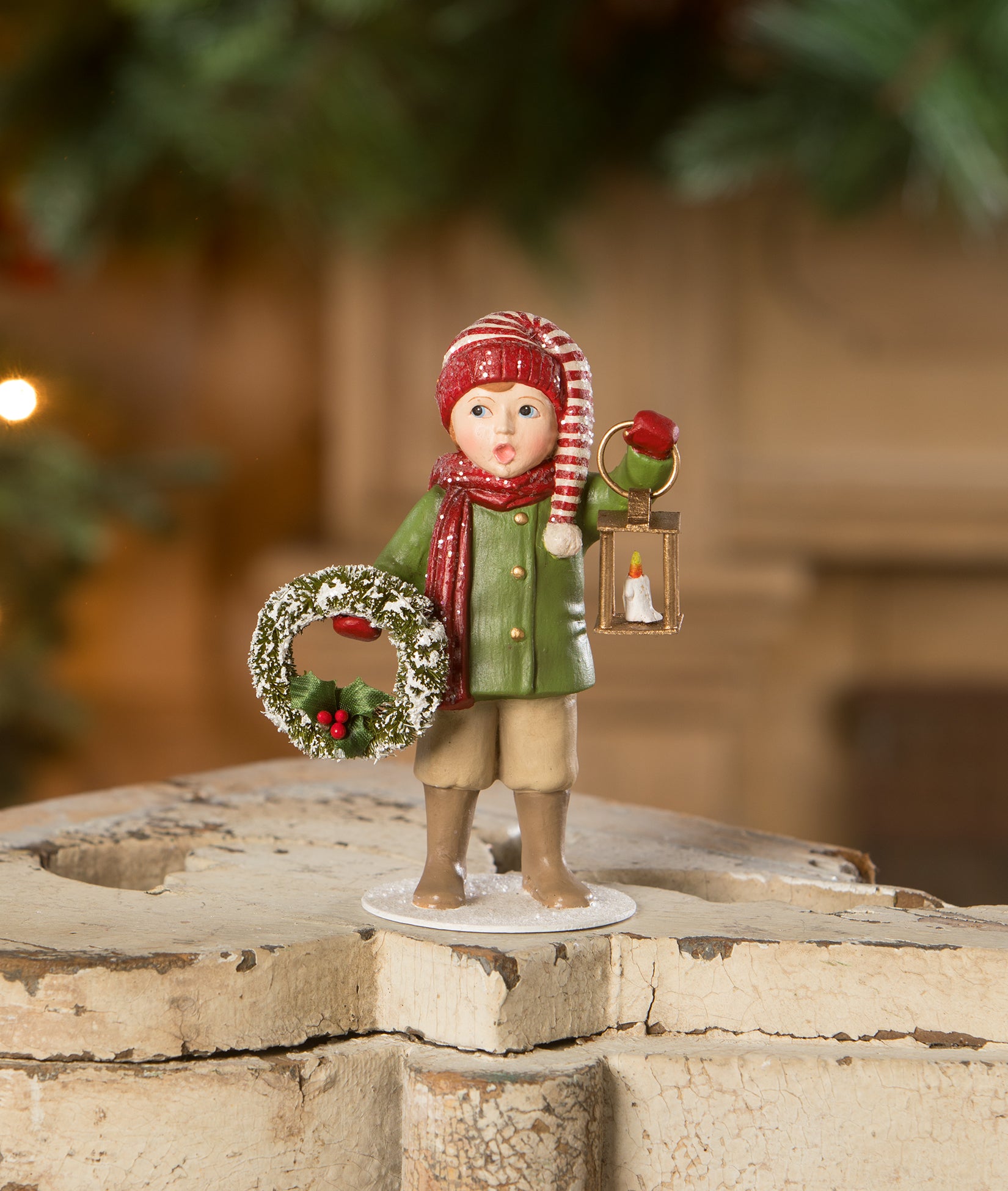 Christmas Caroling Louis Figurine with Lantern and Wreath by Bethany Lowe