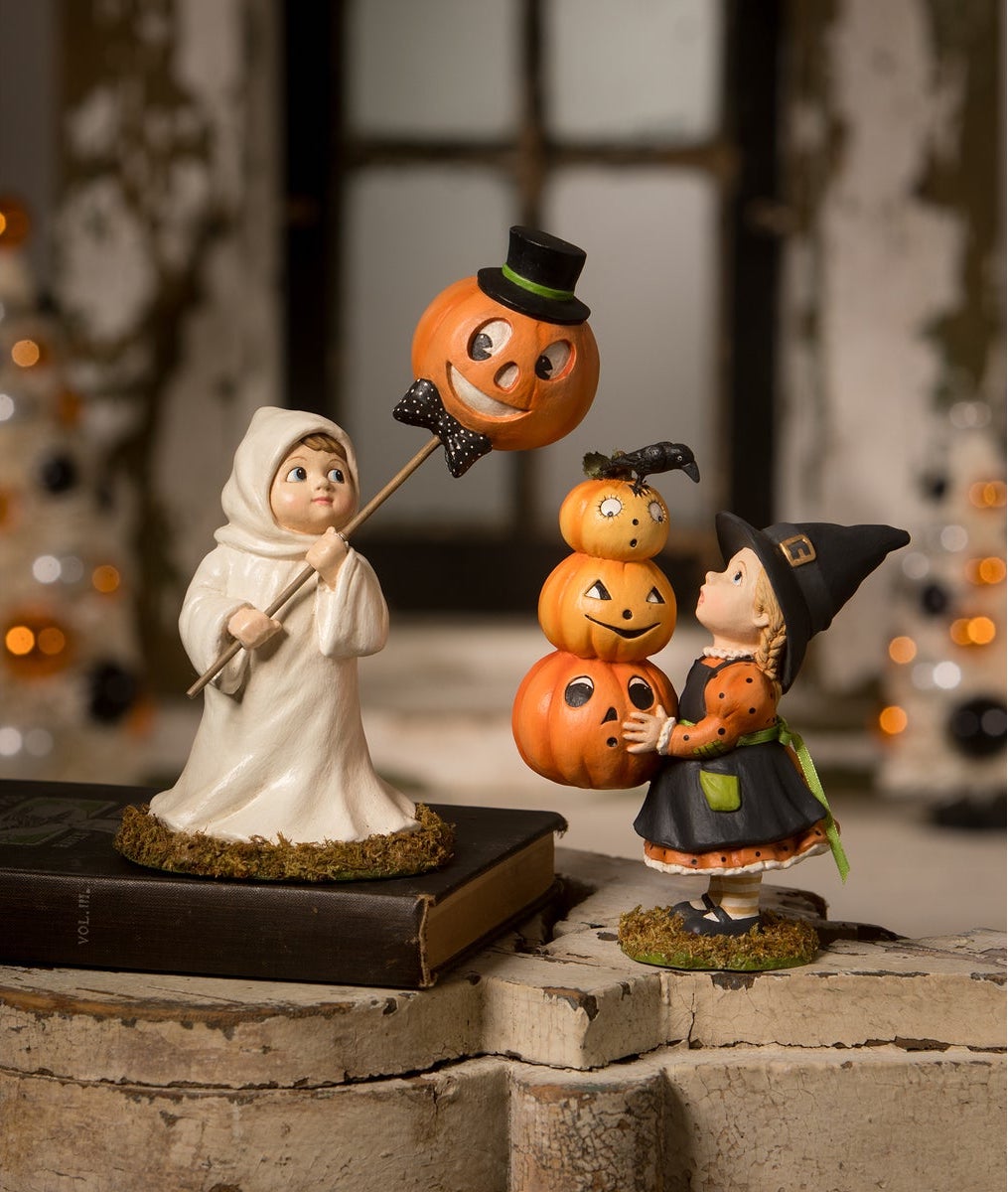 Bethany Lowe Ghostly Fun Griffin & Pippa Pumpkin Patch Halloween Figurines