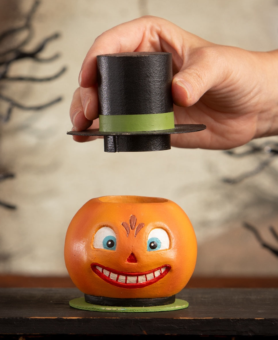 Vintage Style Smiling Pumpkin Container with removable hat from the Bethany Lowe Halloween Decorations Collection.