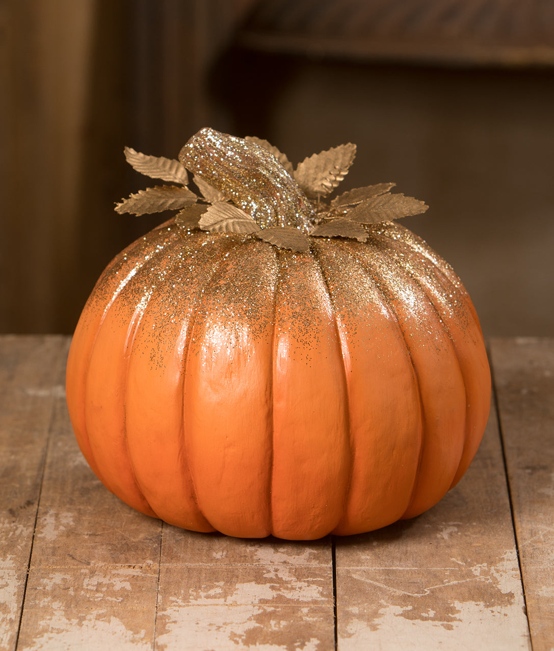 Bethany Lowe Traditional Orange Pumpkin with Gold Leaves & Glitter