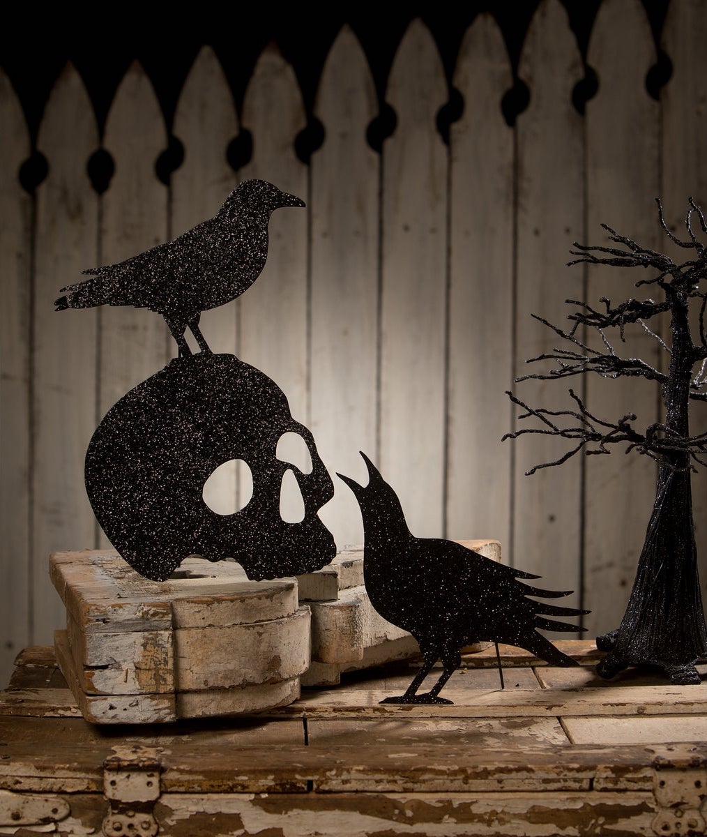 Bethany Lowe Crow and Skull Silhouettes with Black Glitter