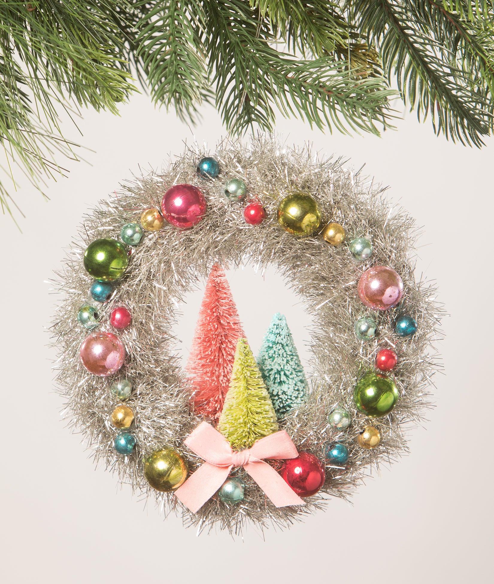 Little Tinsel Wreath with Colorful Beads and Bottle Brush Trees in Pink, Green, and Turquoise