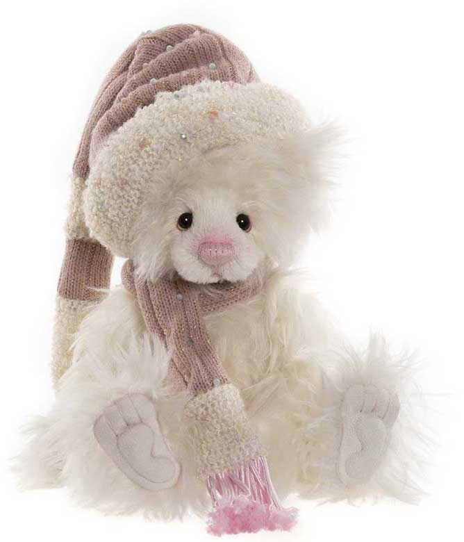 Charlie Bears Ingrid Bear made from white mohair with Pink Hat & Scarf
