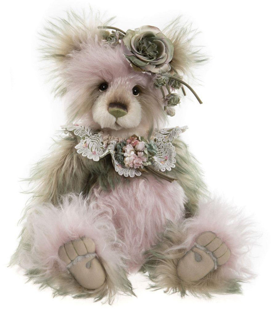 Charlie Bears Maypole Bear - Green and Pink Mohair Teddy Bear with Flowers
