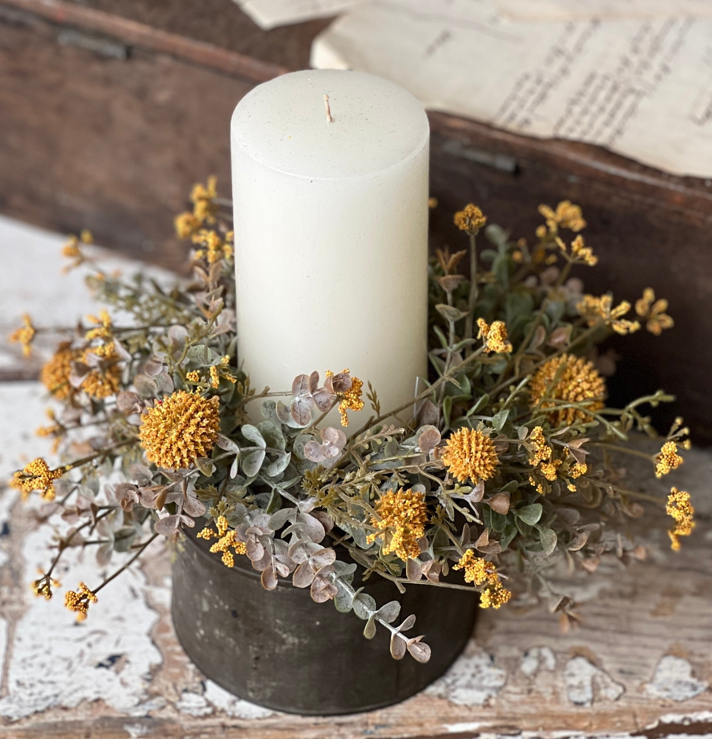 Fall Flower Candle Ring with Faux Yellow Flowers that look Dried | 10 ...