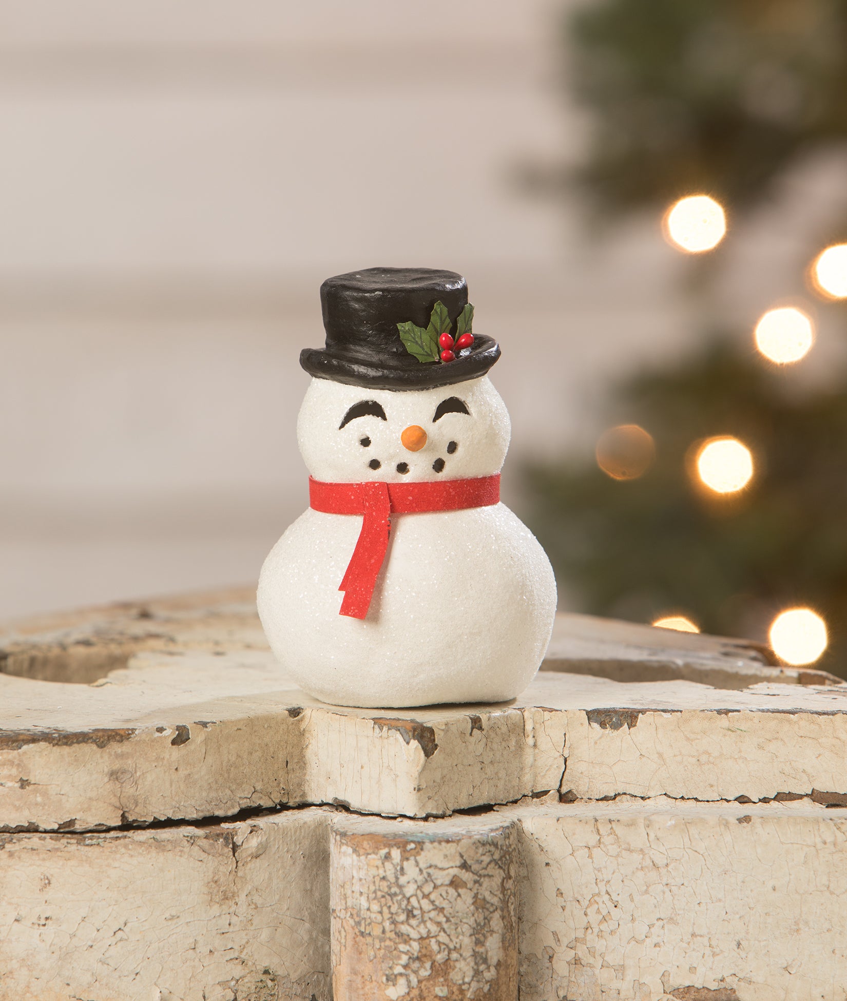 Happy Snowman Luminary wearing a Top Hat and Red Scarf