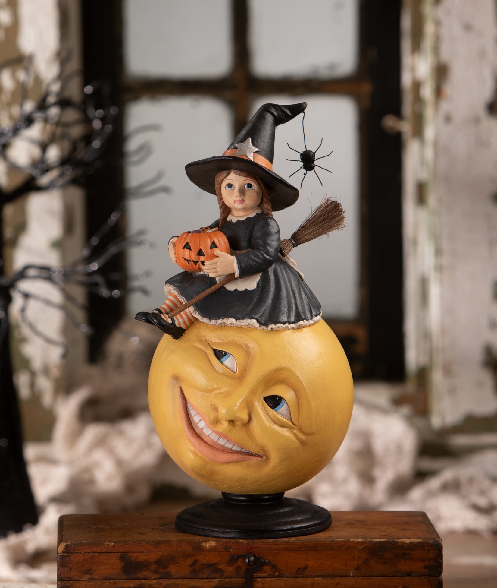 Hattie Witch on Moon, vintage-style-Halloween figurines by Bethany Lowe.