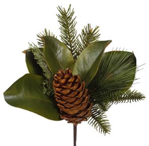 Holiday Magnolia Leaf & Pinecone Pick with Faux Evergreens ...
