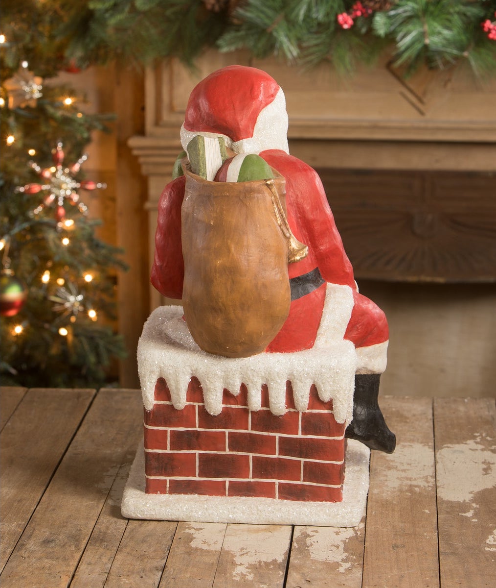 Large paper Mache Santa Going Down the Chimney by Bethany Lowe