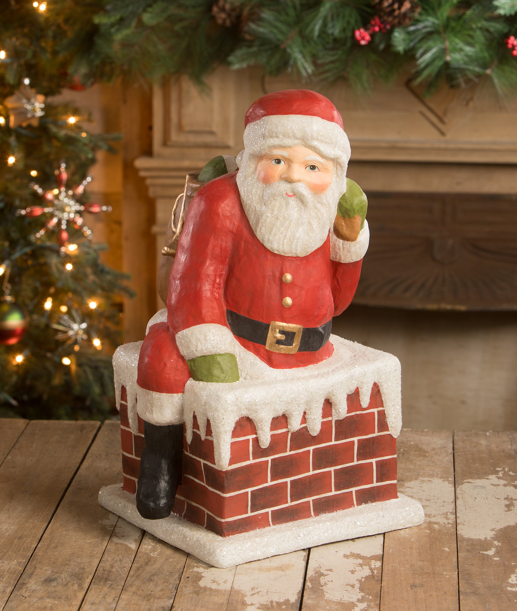 Traditional Santa Down the Chimney, Large Paper Mache Christmas Decoration by Bethany Lowe