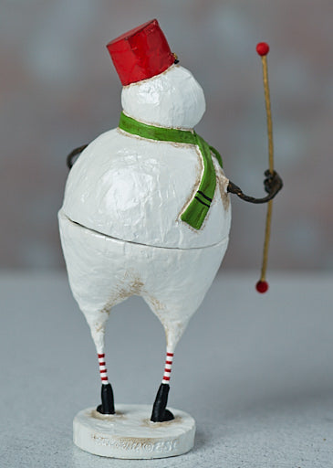 Lori Mitchell Frosty Fellow Container, snowman figurine backside