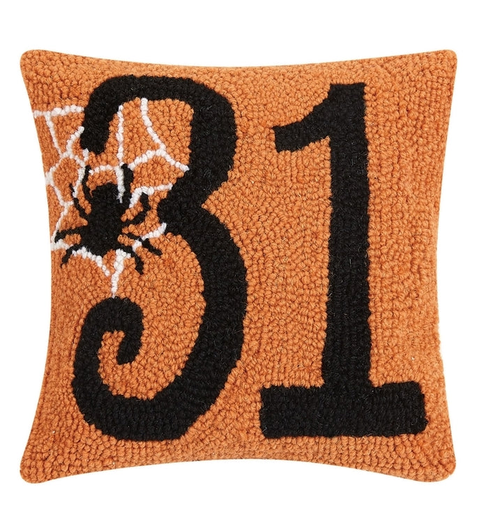 October 31st Hooked Pillow with Spider Design in an Orange & Black Wool Hook