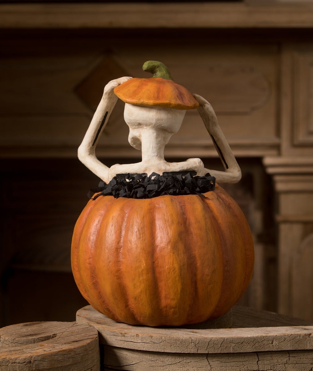 Skeleton Popping Out of a Pumpkin Jack-O-Lantern, Paper Mache Halloween Decorations