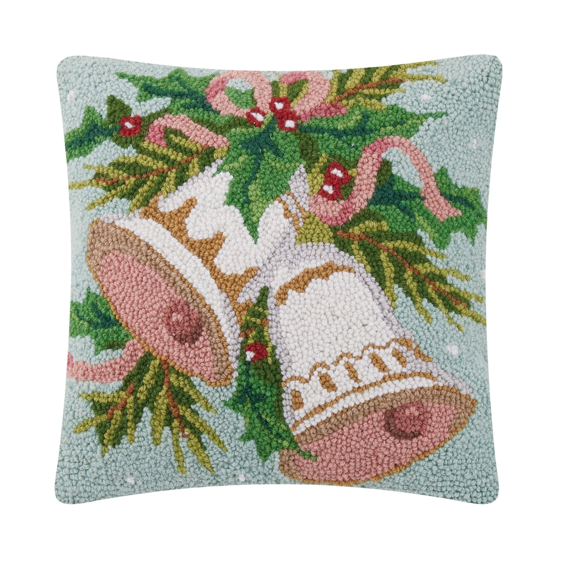 Pastel Christmas Bells Hooked Pillow, with pink, blue, white, and green
