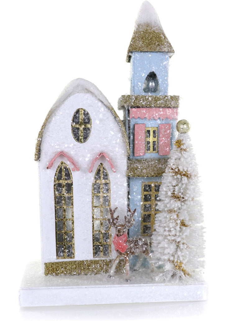 Pastel Putz Church with Deer with pastel Pink & Blue Accents