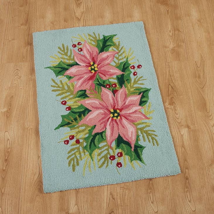 Pink Poinsettia Rug, Hooked Wool
