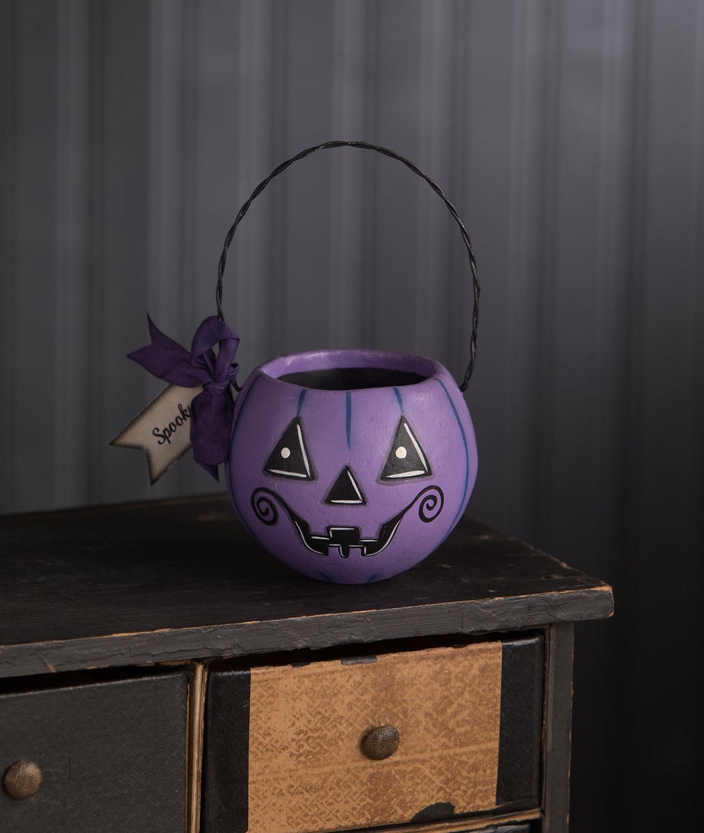 Small Purple Pumpkin Bucket with Spooky Tag