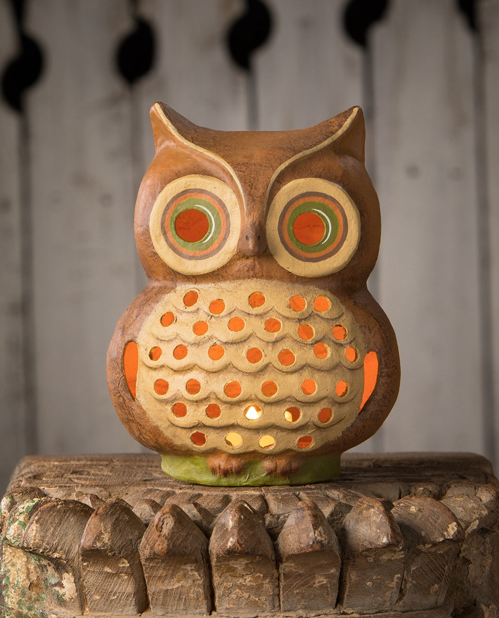 Paper Mache Owl Luminary, retro Halloween decoraitons