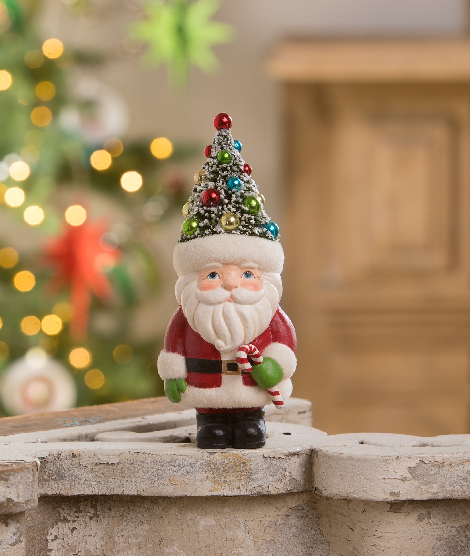 Retro Santa with Tree Hat on Head