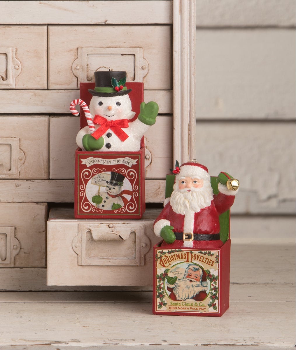 Vintage Style Christmas Ornaments, Santa in the Box and Snowman in the Box Ornaments