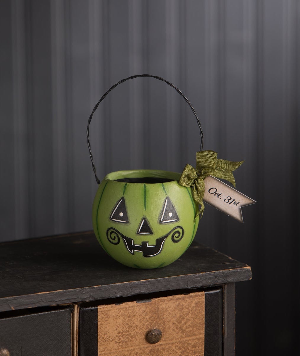 Small Green Pumpkin Bucket - Oct 31st Tag Cute Halloween Decororations 