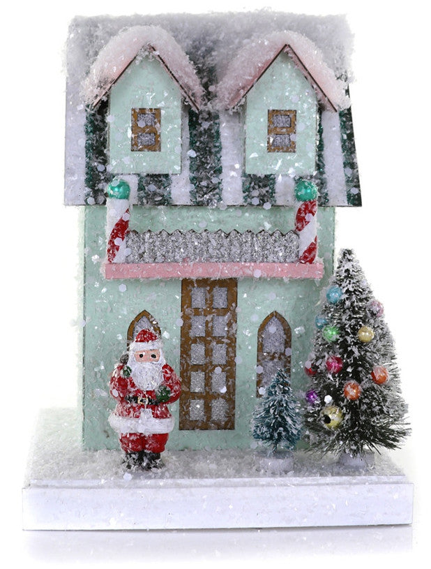 Small Mint Green Putz House with Santa