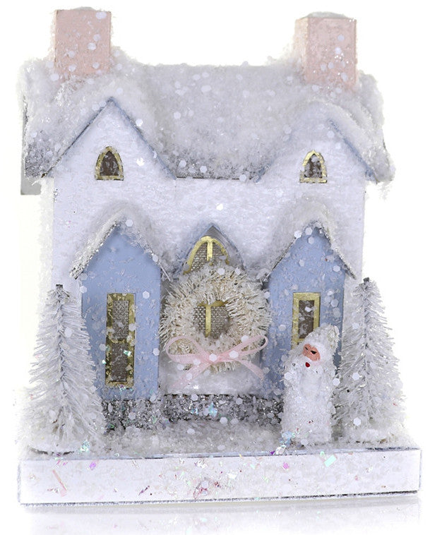 Small Pastel Putz House with Santa - White & Blue Christmas House