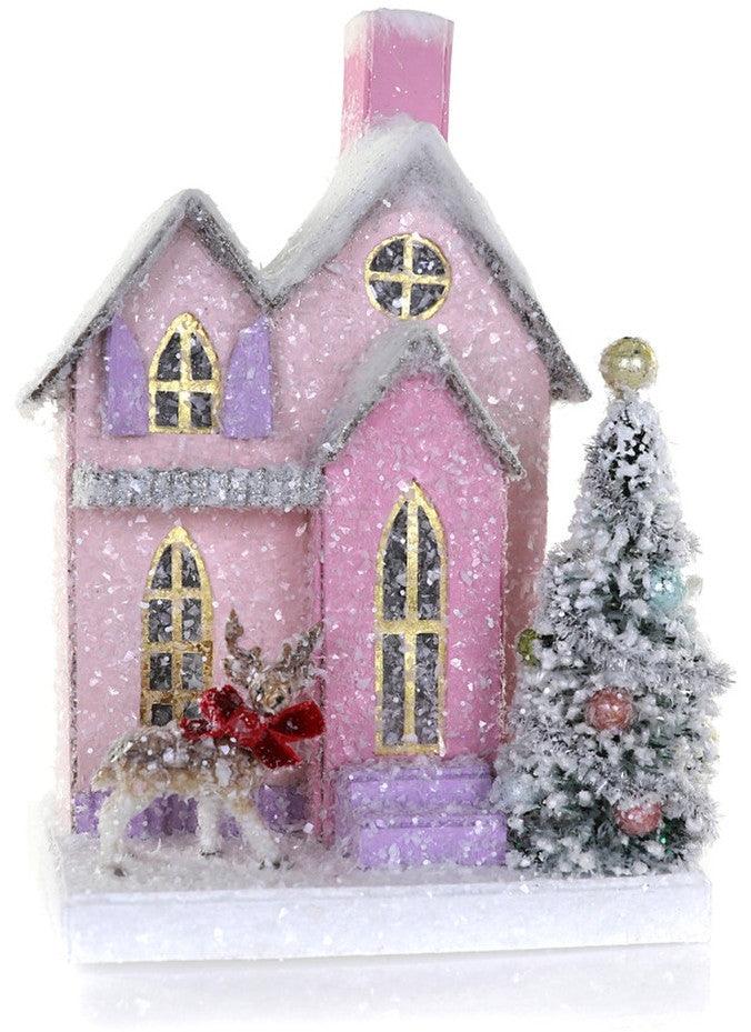 Small Pink Putz House with Reindeer
