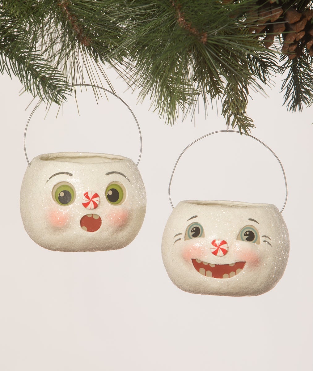 Snowman Bucket Ornaments, happy & surprised