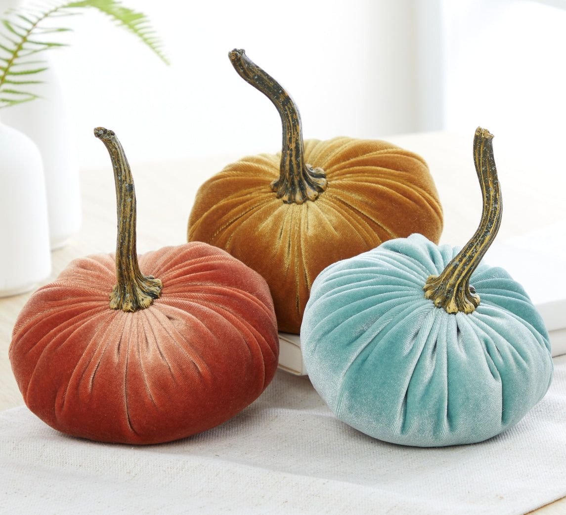 Velvet Pumpkin Decorating Ideas, Gold, Sage Green-Blue, and Harvest Orange