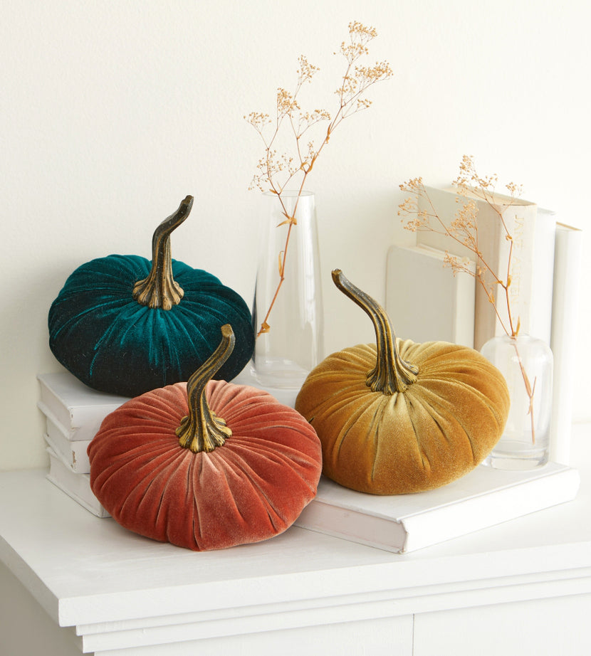 Velvet Pumpkin Decorating Ideas, Gold, Harvest & Emerald Velvet Shown