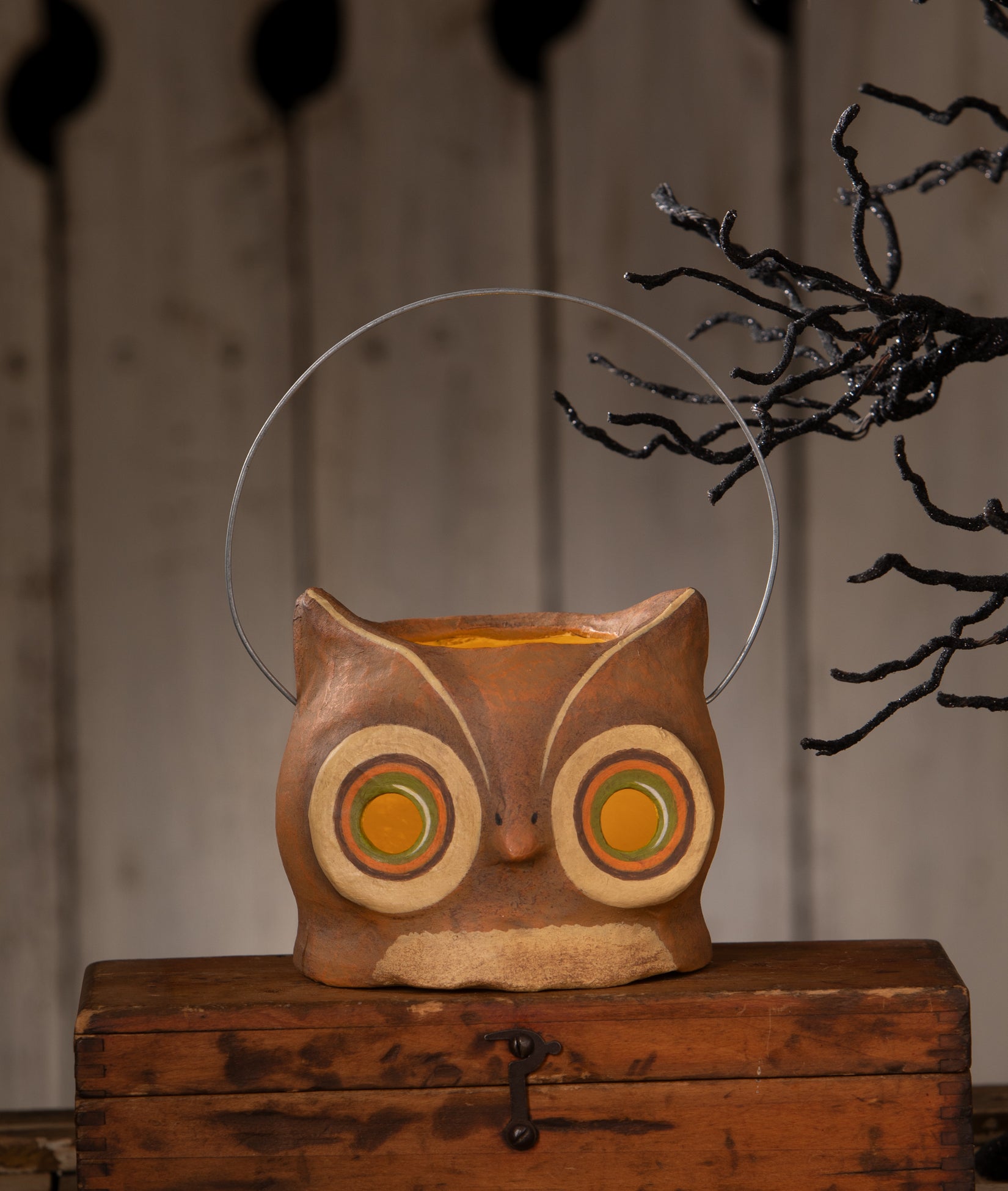 Vintage Inspired Owl Bucket, paper mache