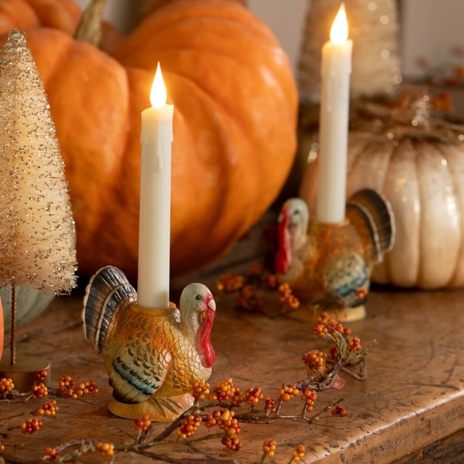 Vintage Turkey Candle Holders for Taper Candles decorating a Traditional Thanksgiving Table with pumpkins and berries