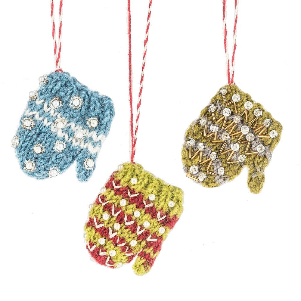 Jeweled Knit Mitten Ornaments - Wool