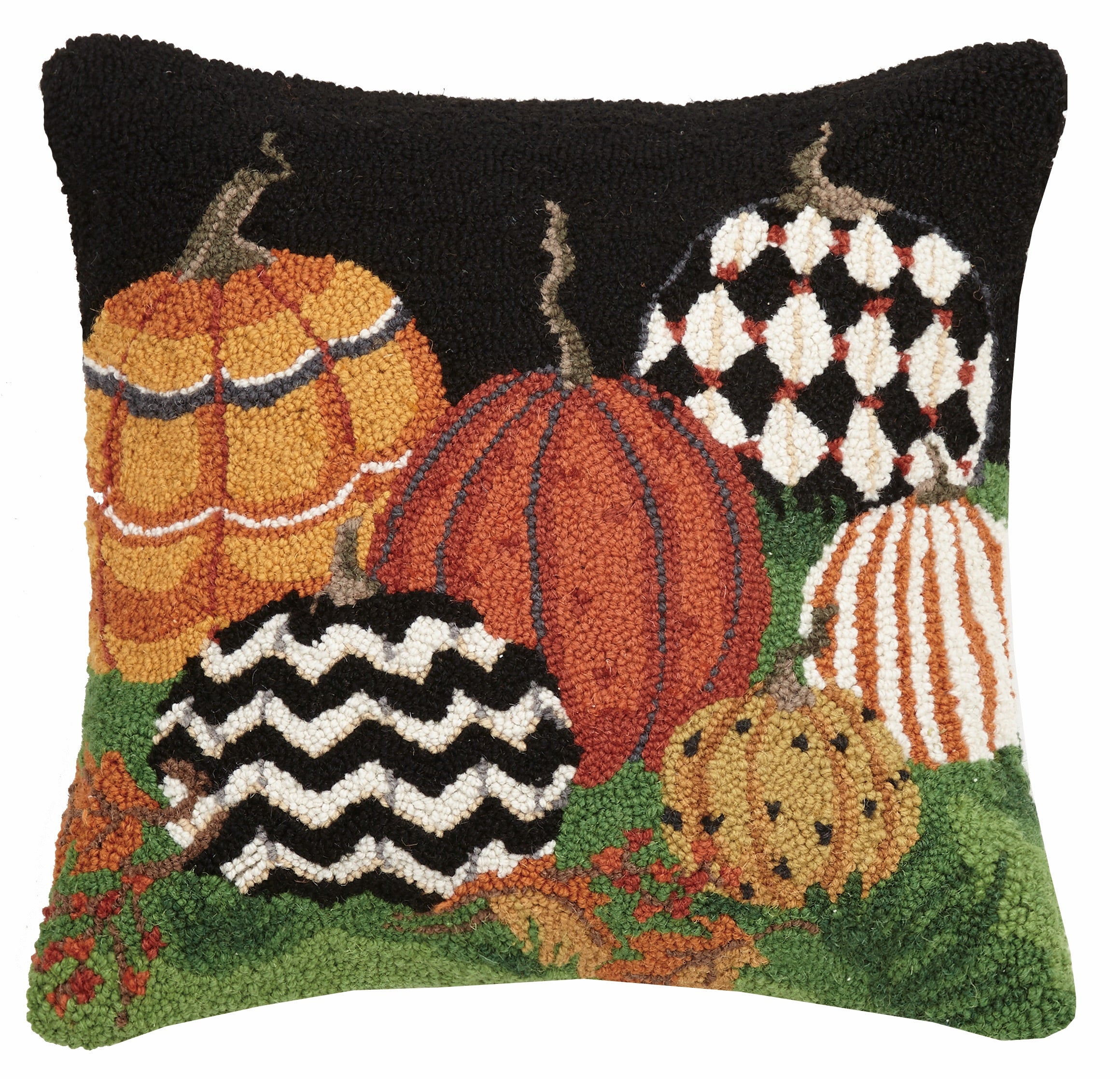 Patterned Pumpkins Pillow, Hooked Wool