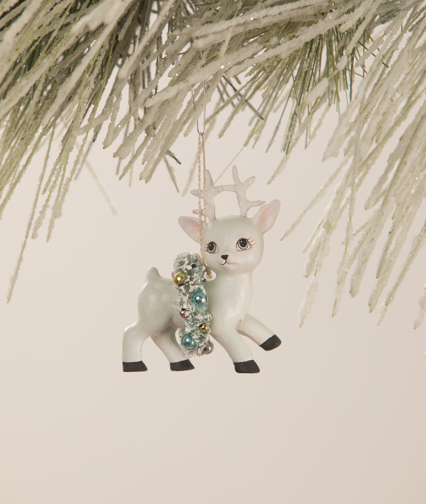 Retro Pastel Blue Rindeer with Wreath Ornament by Bethany Lowe