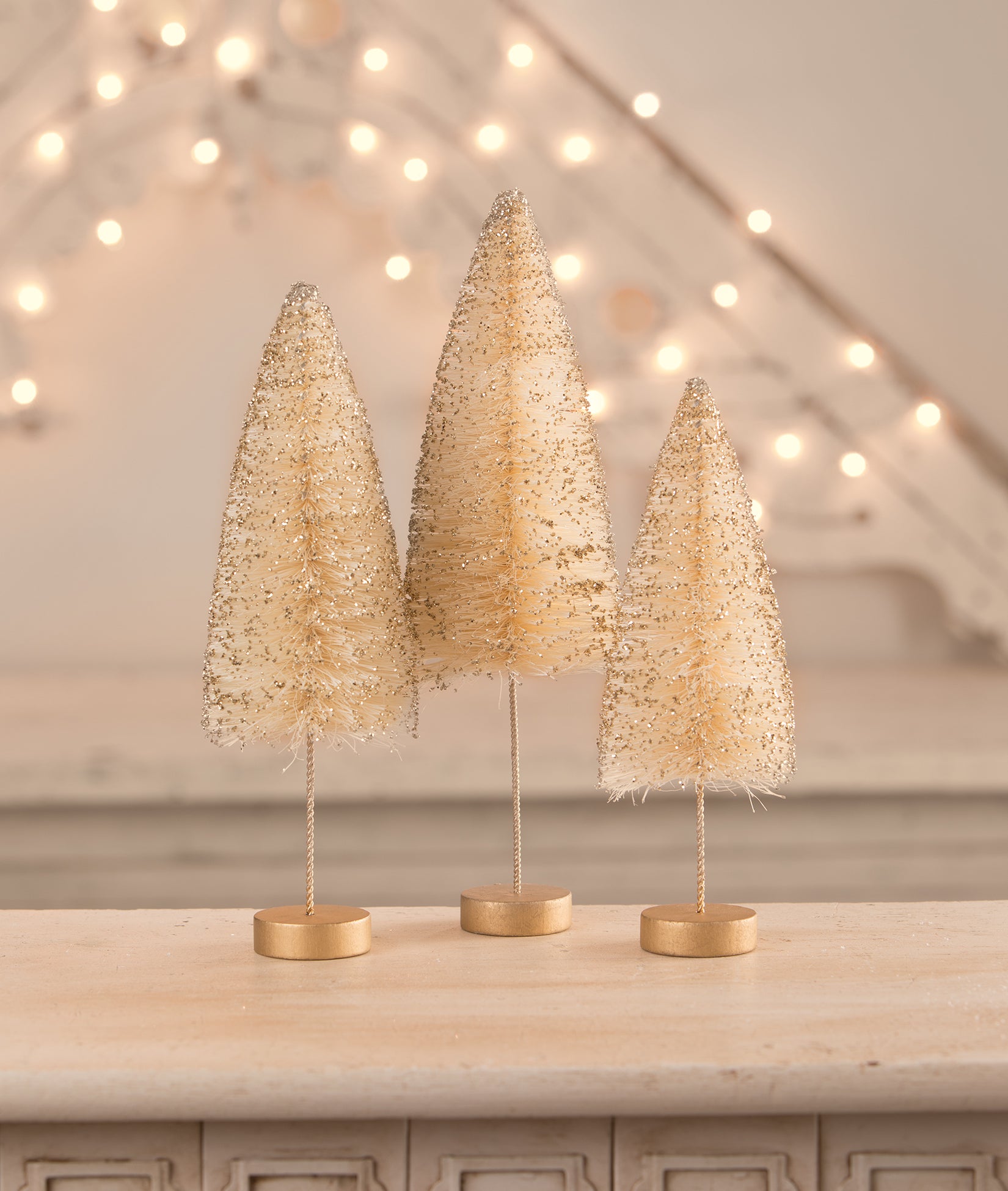 Opal Gold Glow Bottle Brush Trees, natural color trees with gold glitter