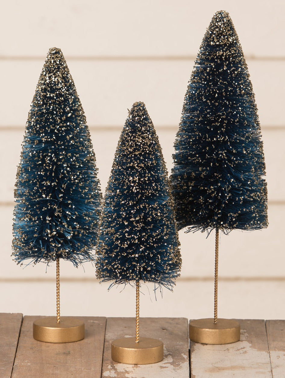 Sapphire Gold Glow Bottle Brush Trees, Blue Christmas Decorations