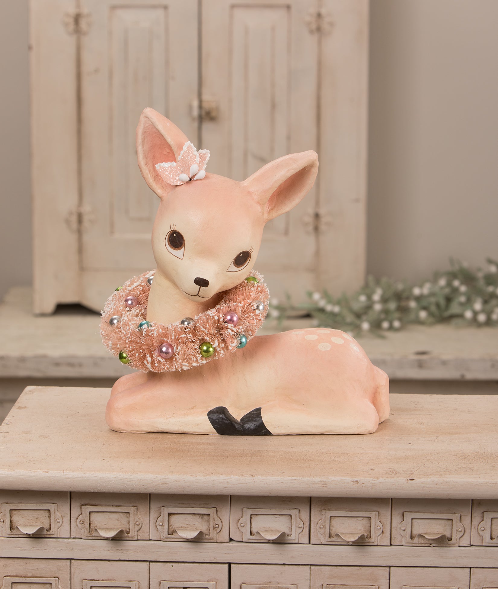 Sweet Pastel Fawn with Wreath Paper Mache