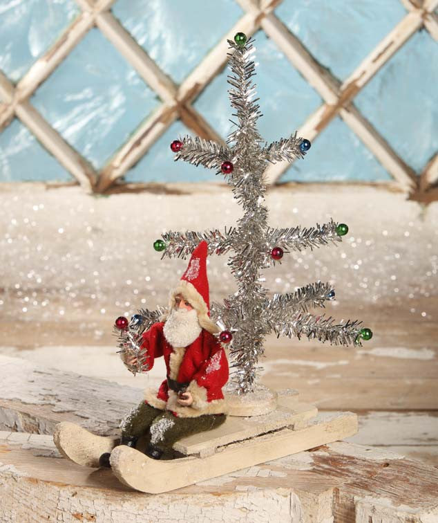 Santa On Sled With Tinsel Tree