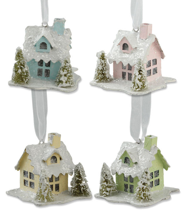 Mini Pastel Paper House Ornaments - Putz Christmas Houses