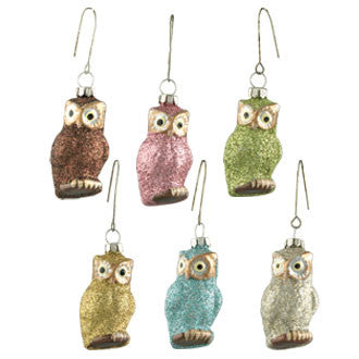 Pastel Glitter Glass Owl Ornaments