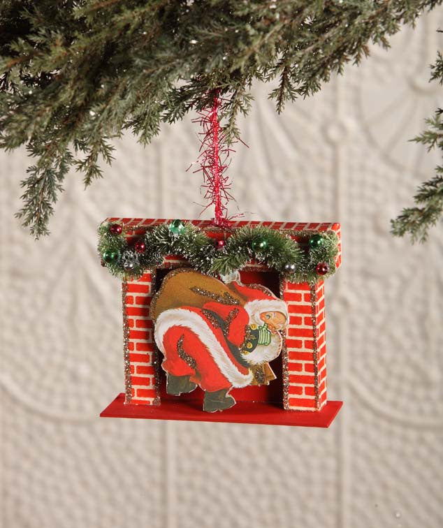 Retro Santa In Fireplace Ornament