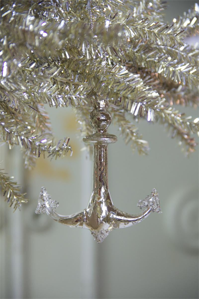 Blown Glass Anchor Ornament Silver