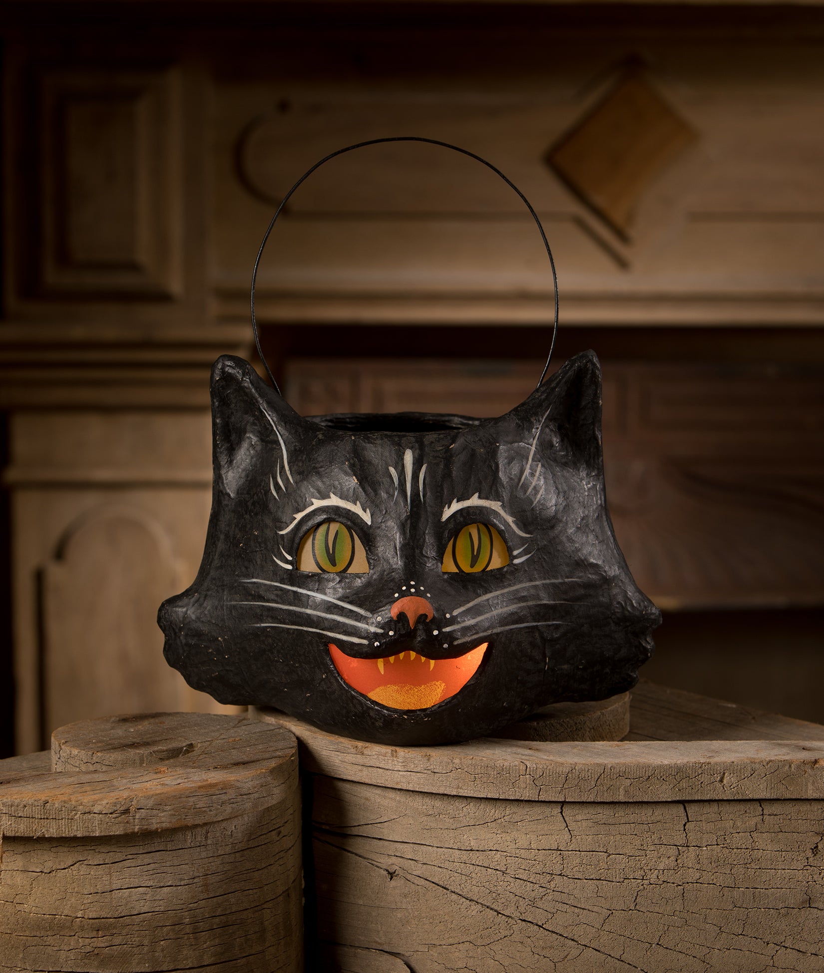 Amusing Black Cat Bucket, Paper Mache Halloween Buckets