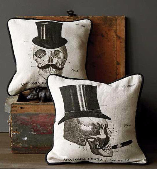 Skull with Top Hat Pillows Clad with Mustaches Smoking Cigars